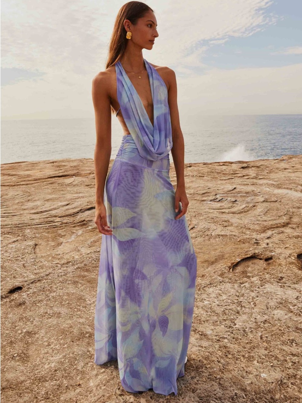 Peppermayo Lilac and Pale Yellow Backless Halter Maxi Dress